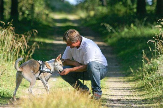 Hundetrainer Uwe Friedrich mit Hund im Wald